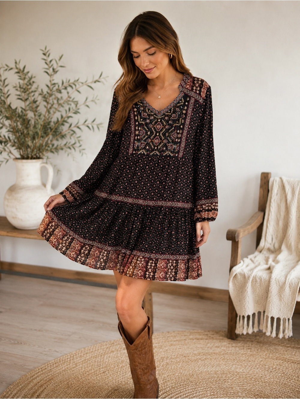 Beaded Embroidered Boho Midi Mini Tiered Dress Cottagecore Western Medium Petite